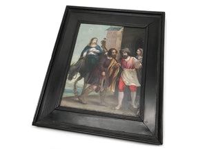 Antique 17th Century French Painting on Copper Panel "Mary and Joseph Enter Bethlehem"