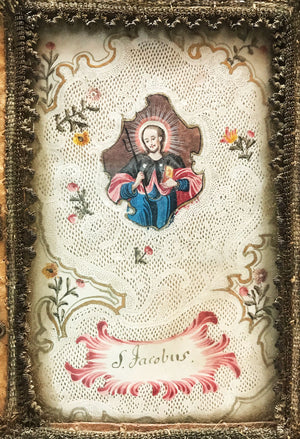 RARE Antique Eighteenth Century Silk Framed Monastery Work Reliquary|Ex Voto Saint Jacobus