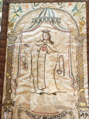 Precious Eighteenth Century French Convent Embroidery Panel Our Lady of Mercy