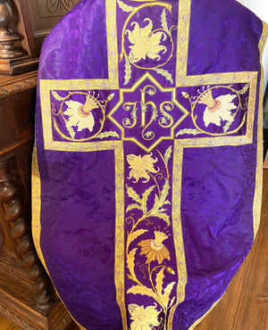 French Embroidered Violet Silk Brocade Religious Chasuble