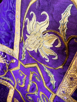 French Embroidered Violet Silk Brocade Religious Chasuble