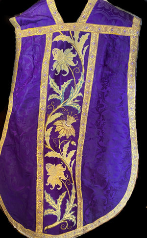 French Embroidered Violet Silk Brocade Religious Chasuble