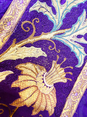 French Embroidered Violet Silk Brocade Religious Chasuble