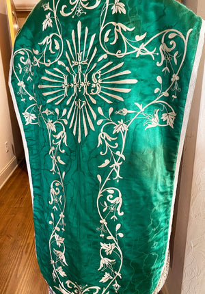 Splendid Antique Emerald Moire Silk Religious Ecclesiastic Chasuble