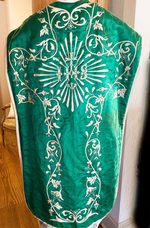 Splendid Antique Emerald Moire Silk Religious Ecclesiastic Chasuble