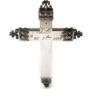 THIS ITEM HAS SOLD*** Engraved Inscription 1892 Antique French Mother of Pearl and Silver Communion Crucifix Cross