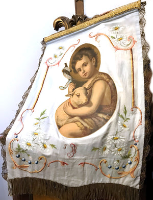 This item has SOLD** Antique Nineteenth Century Cloister Work Religious Double Side Chromolithograph Processional Banner