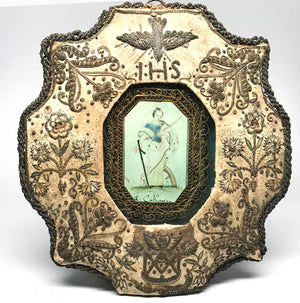 RARE Eighteenth Century Monastery Work Paperolle Metal Embroidery Reliquary Ex Voto with Portrait of St. Catherine
