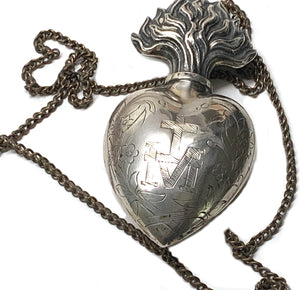 This item has SOLD**Antique Nineteenth Century French Silver Sacred Heart Holy Water Flacon with Chain
