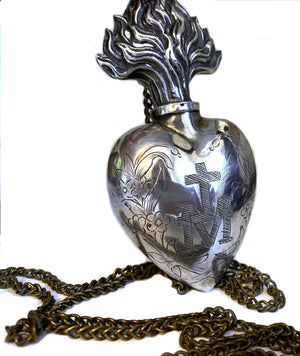 This item has SOLD**Antique Nineteenth Century French Silver Sacred Heart Holy Water Flacon with Chain