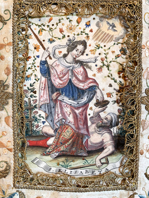 RARE Precious Antique 18th Century French Convent Work Metallic Embroidery Religious Reliquary Panel