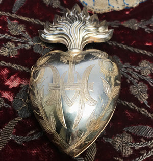 THIS ITEM IS SOLD*** Antique 19th Century French Gilded Silver Sacred Heart Ex Voto