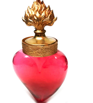 THIS ITEM HAS SOLD*** RARE Large Antique 19th Century French Hand Blown Ruby Glass Sacred Heart Holy Water Flacon