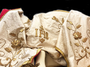 This item has SOLD*** LARGE Antique French Silk Eccesiastic Stole with Gilt Metallic Stumpwork Embroidery