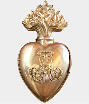 This item has SOLD**Large Antique 19th Century French Gilded Bronze Flat Back Sacred Heart Ex Voto