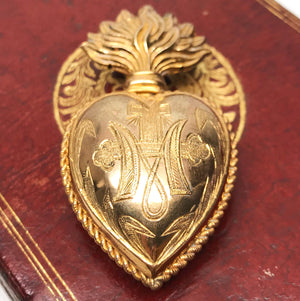 THIS ITEM HAS SOLD***Antique 19th Century French Gilded Brass Sacred Heart Ex Voto Reliquary with Engraved Provenance