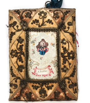 RARE Antique Eighteenth Century Silk Framed Monastery Work Reliquary/Ex Voto Saint Jacobus