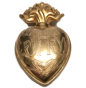 This item has SOLD**LARGE Antique French Gilded Brass Sacred Heart Reliquary Ex Voto