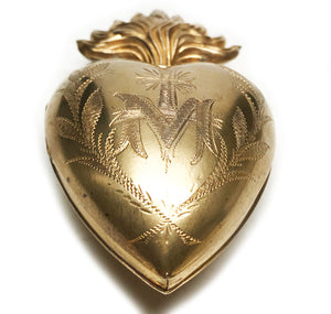 This Item has SOLD**Large Antique 19th Century French Gilded Brass Sacred Heart Ex Voto