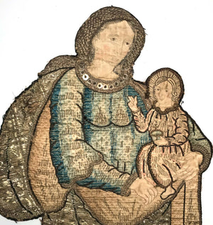 RARE LARGE Seventeenth Century French Silk and Metal Embroidery Figural Panel Representing the Madonna and Christ Child