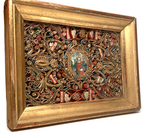 Exquisite Antique 18th Century French Paperolle Reliquary with Hand Colored Engraved Medallion