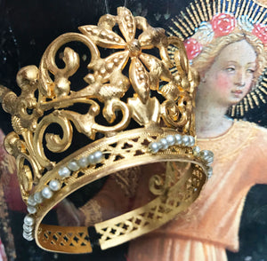 RARE Small French Gilded Brass and Pearl Religious Santos Crown