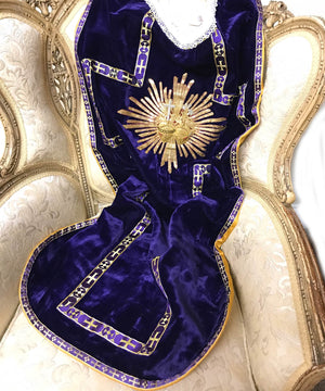 THIS ITEM HAS SOLD*** Antique Nineteenth Century French Ecclesiastic Velvet Embroidered Religious Chasuble with Sacred Heart Medallion