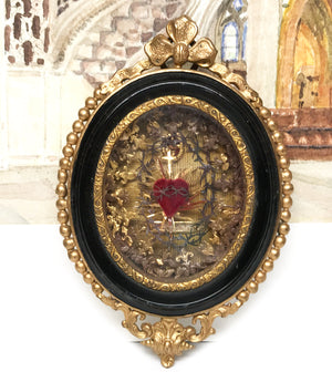 This item has SOLD**Majestic Antique French Convent Work Sacred Heart Crown of Thorns Hanging Reliquary
