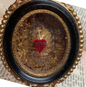 This item has SOLD**Majestic Antique French Convent Work Sacred Heart Crown of Thorns Hanging Reliquary