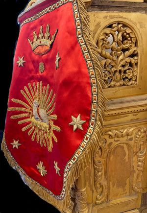 Exquisite French Red Silk and Agnus Dei Metallic Stumpwork Ecclesiastic Vestment Cope