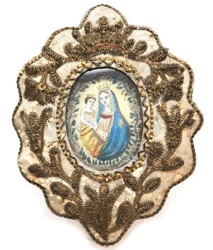 THIS ITEM HAS SOLD *** Antique Eighteenth Century Spanish Convent Work Ex Voto Reliquary with Madonna and Child