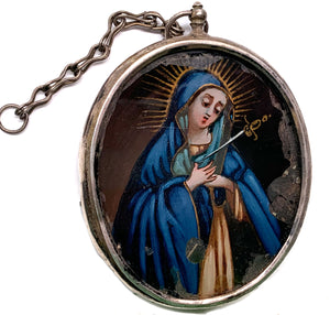 This item has SOLD** Antique 18th Century Spanish Double Face Hand Painted Reliquary San Juanito and Dolorosa