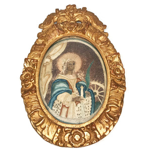 This item is SOLD Antique Eighteenth Century Framed Silk Religious Embroidery, St. Catherine of Alexandria