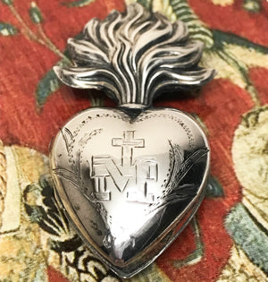 TINY Antique Nineteenth Century French Silver Sacred Heart Ex Voto